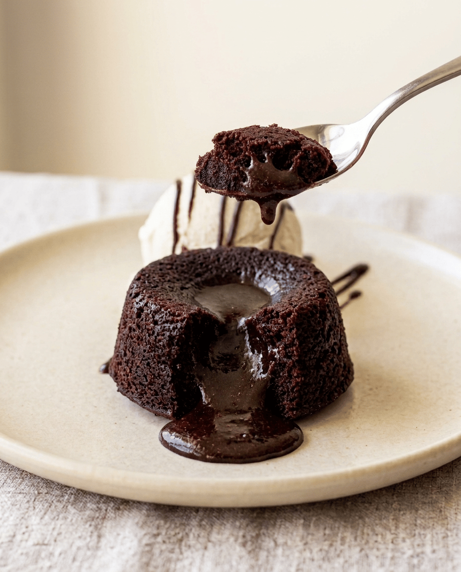 A choco lava cake cut open with its molten centre flowing, a spoon lifting a gooey bite and vanilla ice cream behind